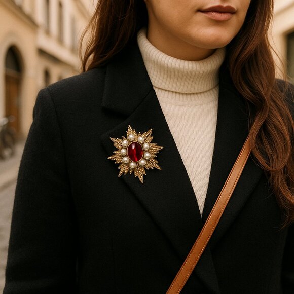 Vintage Ruby & Pearl Starburst Brooch – Quiet Luxury Holiday Statement Pin - Picture 2 of 10